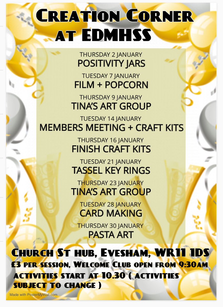edmhss's tweet photo. January’s activities in Creation Corner. Welcome club open at 9.30 am activity starts at 10.30 £3 . Come and join us #edmhss #worcestershirehour #EveshamHour https://t.co/83vYZ7fcn7