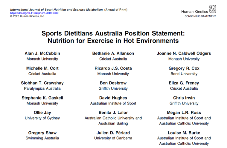 The <a href="/SportsDietAust/">Sports Dietitians Australia</a> Position Statement: Nutrition for Exercise in Hot Environments now available (Open Access) in <a href="/IJSNEMJournal/">IJSNEMJournal</a>. Chuffed to be involved in writing &amp; putting this together. Big thanks to all co-authors: <a href="/DrDavid_Hughes/">Dr David Hughes AM</a> <a href="/ollie_jay13/">Ollie Jay</a> <a href="/LouiseMBurke/">Louise Burke</a> &amp; many, many more!