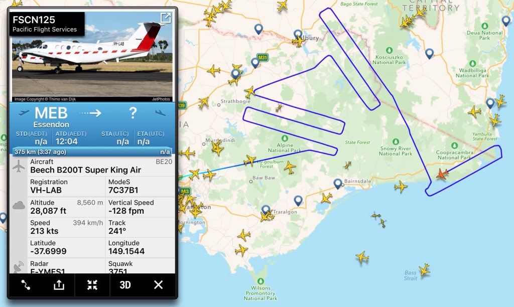 Vkthreepi's tweet photo. Now that's a long #sortie for #Firescan 125 out of Essendon #YMEN Paints a picture of how much of Victoria is under threat. #avgeek #ozgeek #planespotters #aviation #aviationgeek https://t.co/MtVWoDok4L