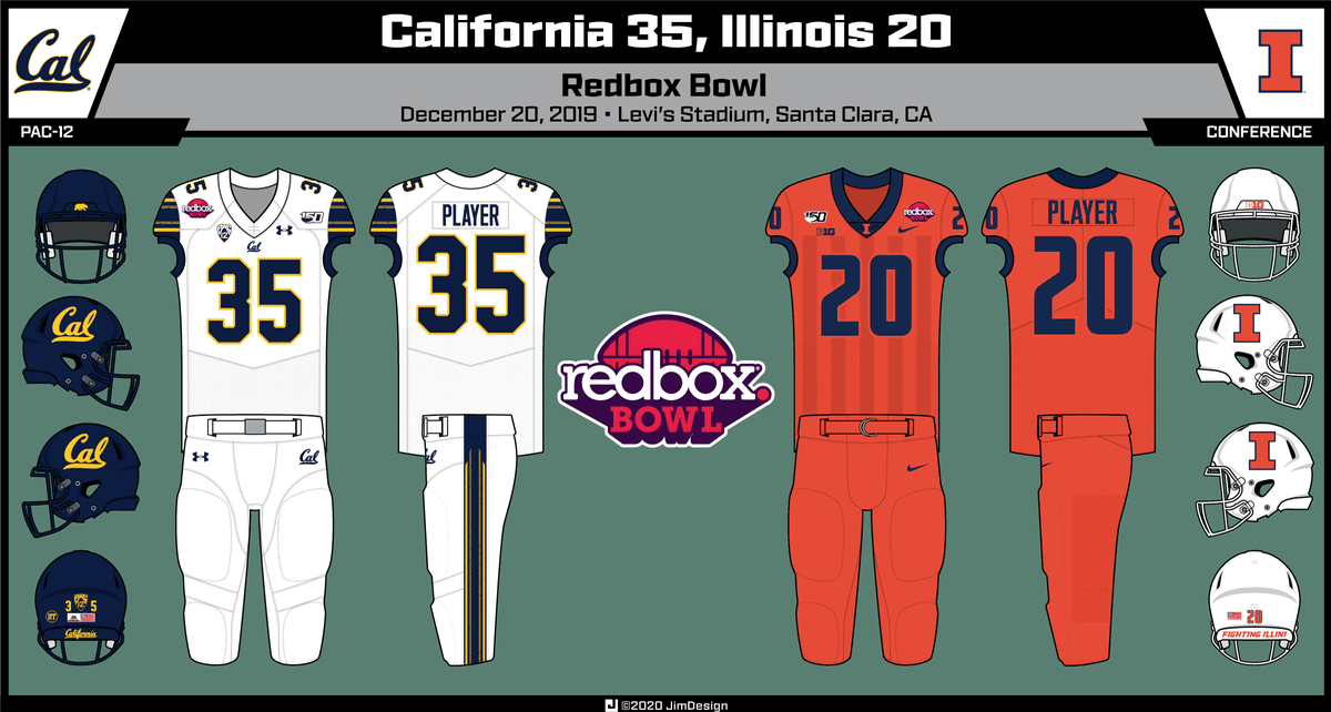 thejimdesign's tweet photo. @sportslogosnet @UniWatch @CFBowlWatch @CalFootball @IlliniFootball @RedboxBowl Redbox Bowl - California 35, Illinois 20 #RedboxBowl https://t.co/xGnHJRINPI