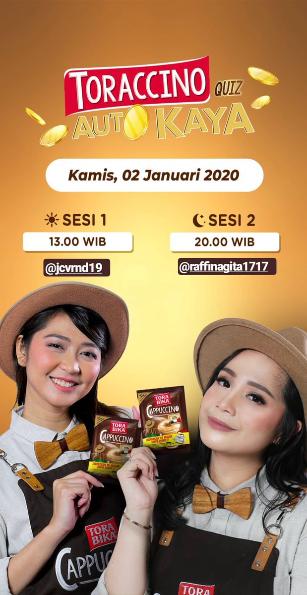 Host quis auto kaya <a href="/Toraccino_id/">Torabika Cappuccino</a> hari ini. Ayo ikutan kuisnya di aplikasi Toraccino. Ada kak <a href="/jcvrnd19/">Jessica Veranda</a> di sesi 1 pukup 13.00 WIB.