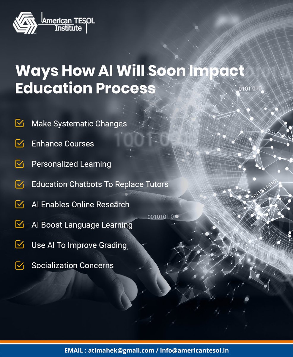 AmericanTESOL16's tweet photo. We use Artificial Intelligence many times during a day and also #AI will effect on the education system. Know in how many ways AI will impact the education system.

#ArtificialIntelligence #education #EducationSystem https://t.co/G4uC7QGS5L