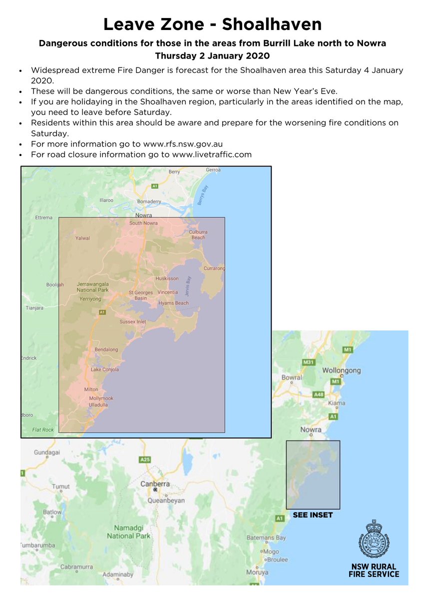 NSWRFS's tweet photo. Leave Zone - Shoalhaven
Widespread extreme Fire Danger forecast for Shoalhaven Sat 4 Jan 2020. If you're holidaying in areas identified on the map, you need to leave before Saturday. Residents should be aware &amp; prepare. For road closure info @LiveTrafficNSW #nswrfs #nswfires https://t.co/rmDW7tZlnp