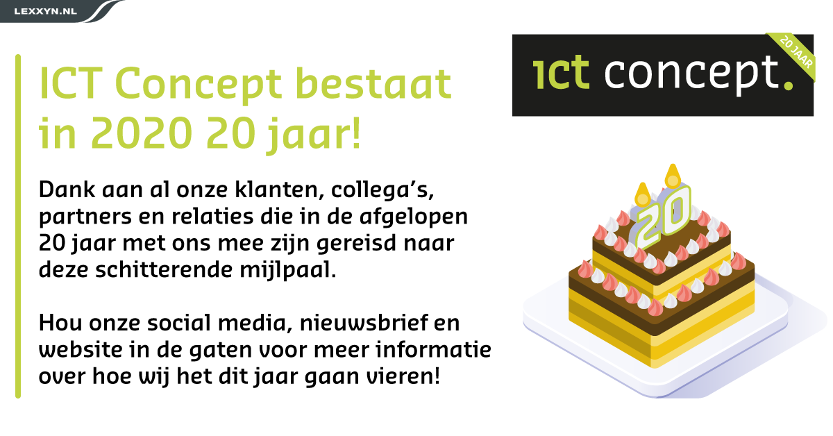 ICTConcept's tweet photo. De allerbeste wensen voor 2020! En 2020 is voor ICT Concept een echt feestjaar, we bestaan namelijk 20 jaar! En dat gaat dit jaar gevierd worden. Hou daarom onze socials, nieuwsbrief en website in de gaten voor meer informatie. https://t.co/i43u3LPial