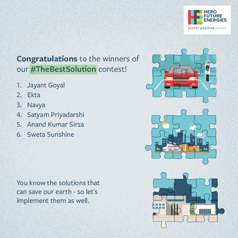 HeroFuture_HFE's tweet photo. Congratulations @GGourav927, @Smiley_Bharati, @Navyavegi, and all other winners of our #TheBestSolution contest! You certainly have a #sustainable future on your mind. DM us your contact details to receive your gifts. https://t.co/b8Rh9xL1ha