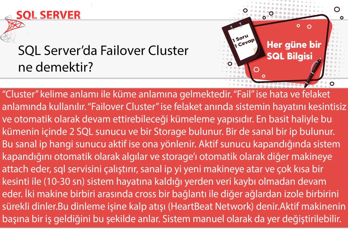 omer_colakoglu's tweet image. SQL Server&apos;da Failover Cluster ne demektir?
Merak edenler için bu işi ev yapımı olarak anlattığım video burada .:)

youtube.com/watch?v=aUB6C0…

#hergüne1sqlbilgisi #failovercluster #cluster
#sqladministration #dbManagement #veritabanıYönetimi #sqlperformance 
#ocolakoglu #udemysql