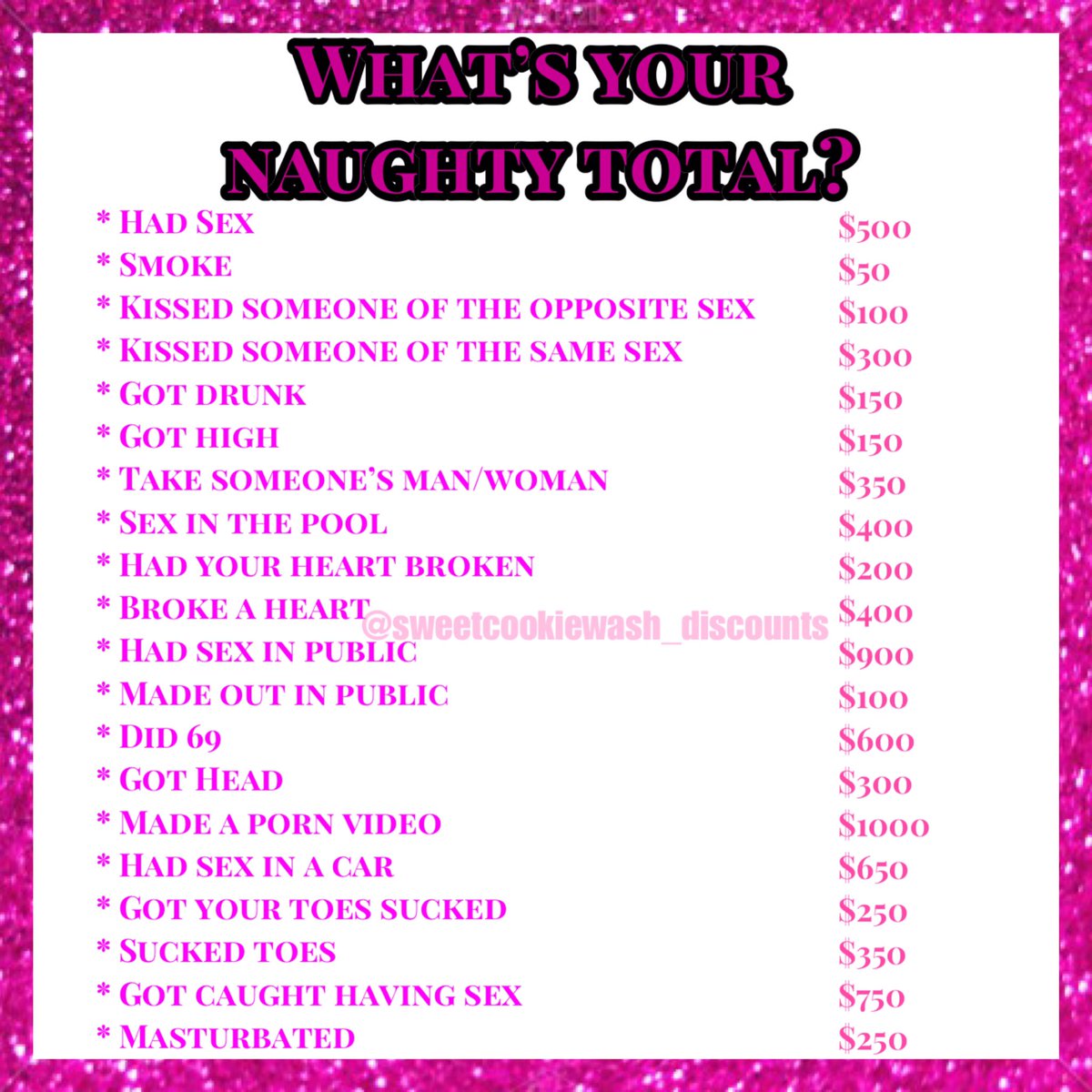 sweetcookiewash's tweet photo. Overall total is $7,750. What’s your naughty total? 😏🍪💦 Let’s see who’s the naughtiest!! 😈. COMMENT BELOW! A random naughty follower will win a product from #sweetcookiewashdiscounts
#sweetcookies #cookierestore #healthyyoni #tightpumpum #powafulsex
🍪🛍🍪🛍🍪🛍🍪🛍🍪🛍🍪🛍 https://t.co/Hg6zG7y0oB