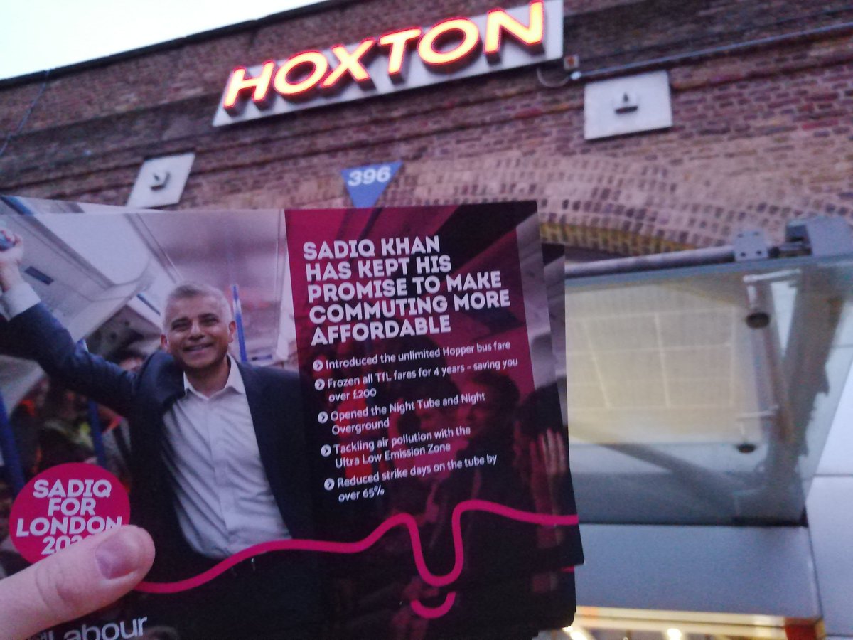 ElliotBidgood's tweet photo. Bright and early reminding Hoxton commuters what our Labour mayor @SadiqKhan has done for London transport #Sadiq2020 #KeepFaresFrozen @HackneyLabour @WeLoveHandS https://t.co/VGY2UsP3Ia