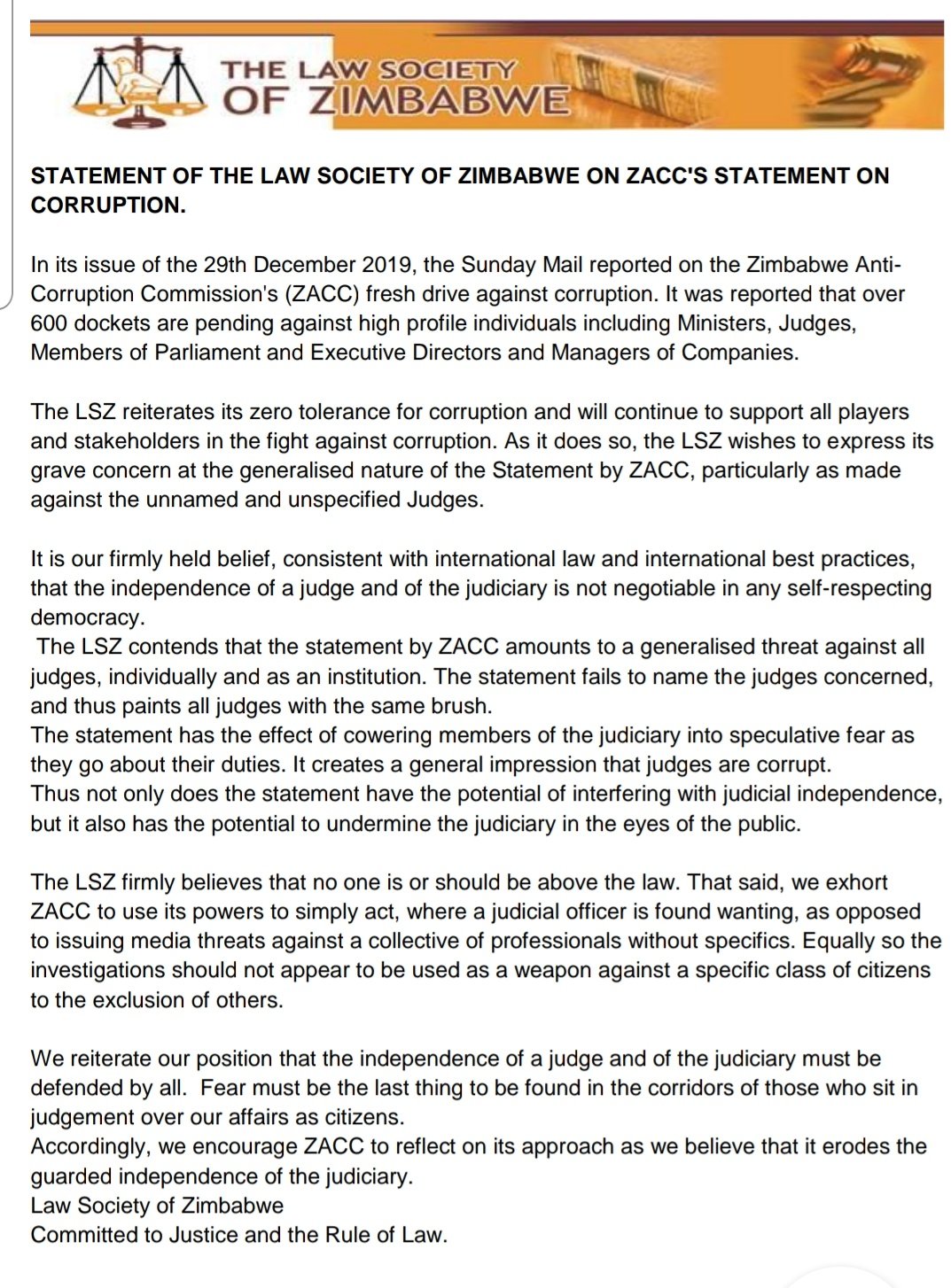 FULL TEXT Law Society Of Zimbabwe Concerned By ZACC’s Statement Which