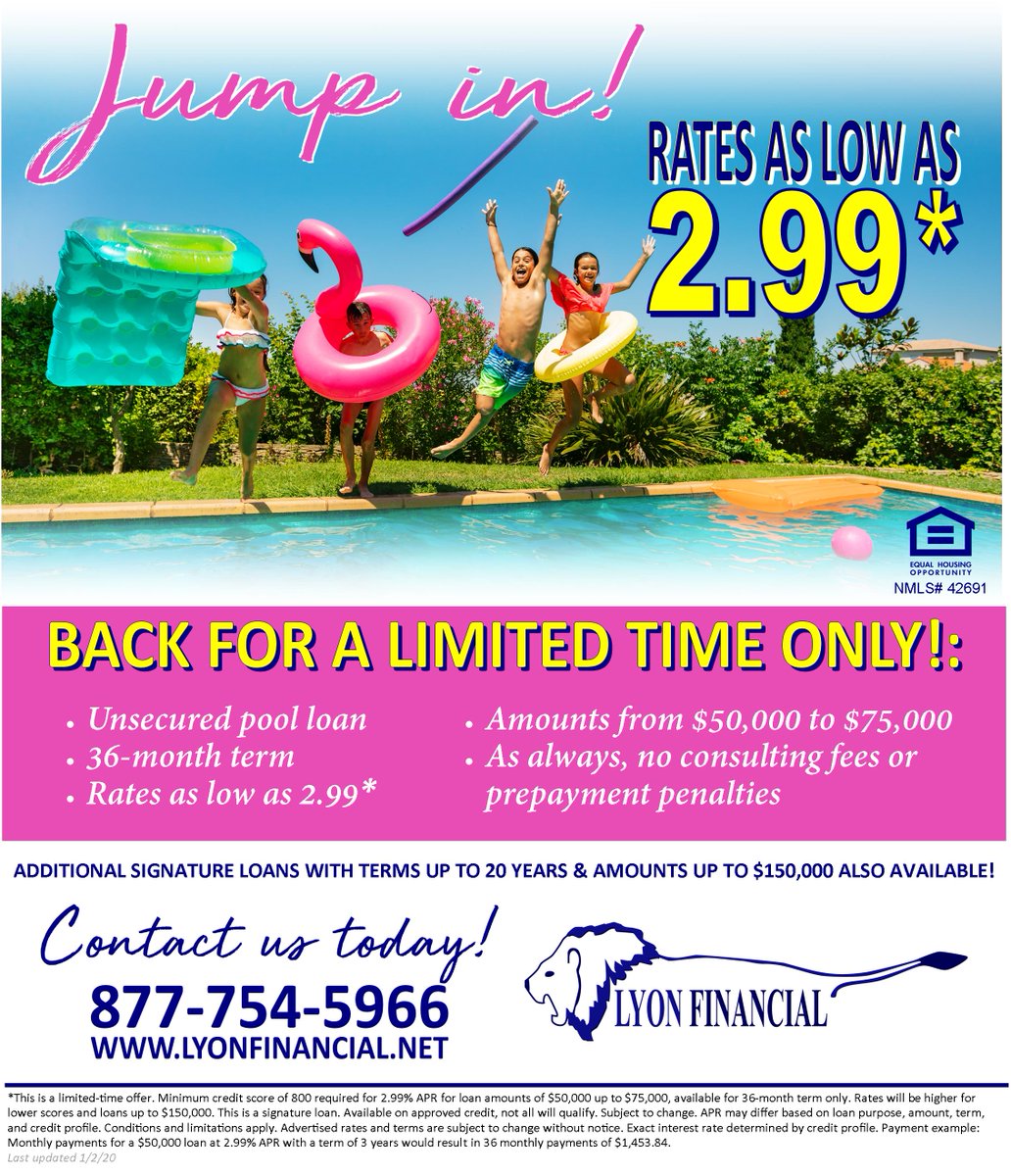 We're starting 🎉2020🎉 out BIG with a LOW rate, back for a limited time only!
#lyonfinancial #poolloans #swimmingpoolloans #pool #swimmingpool #outdoorliving #poollife