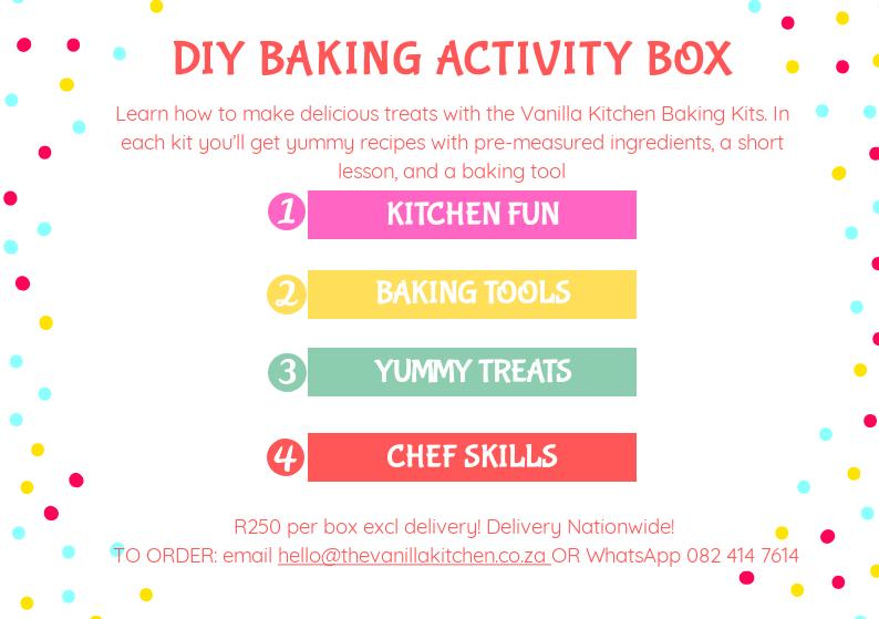 LebzMaphada's tweet photo. @sindivanzyl #sidehustle
Fun baking kits for kids with ingredients, tools and accessories to bake yummy treats. Cake pops, Unicorn cupcakes and more! Fun way to spend time with kids. Easy to follow recipes. #kidscanbake
R250 per box excl delivery
Info@thevanillakitchen.co.za or 0824147614 https://t.co/Oo9C1HDQOO