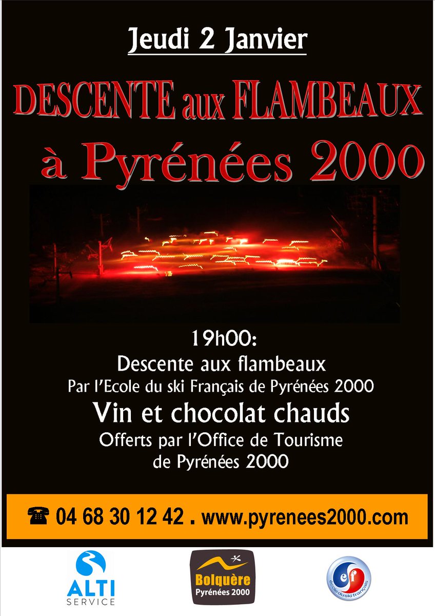 ‼️Ce soir, A Ne Pas Manquer‼️
🔥⛷Descente aux flambeaux🔥⛷ 
Dès 19h sur la piste Gentianes de Pyrénées 2000
Proposée par l’Ecole du Ski Français de Pyrénées 2000, vin et chocolat chauds ☕️offerts par l’Office de Tourisme