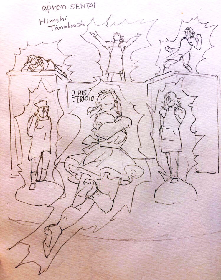 @tanahashi1_100 エプロン戦隊と聞いて頭に浮かんだカオスな図です😊
※ 手前にいるのはメイド服のジェリコさんです。(着ていたことがあるので!)
1.5とてもとても楽しみです!!!