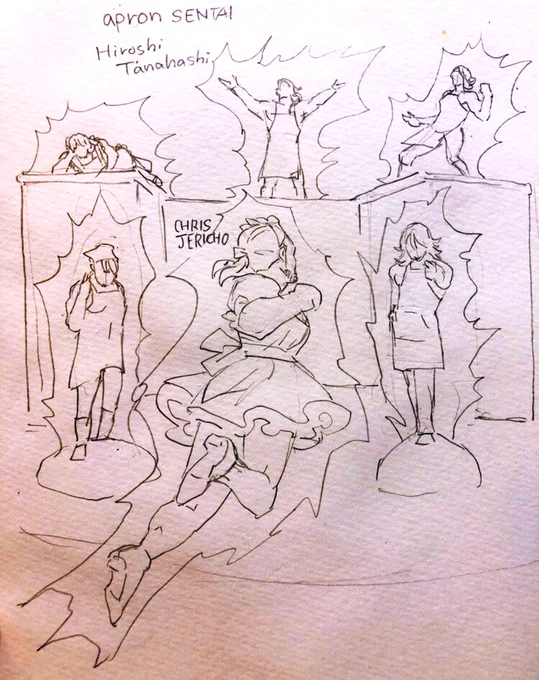 @tanahashi1_100 エプロン戦隊と聞いて頭に浮かんだカオスな図です😊
※ 手前にいるのはメイド服のジェリコさんです。(着ていたことがあるので!)

1.5とてもとても楽しみです!!! 