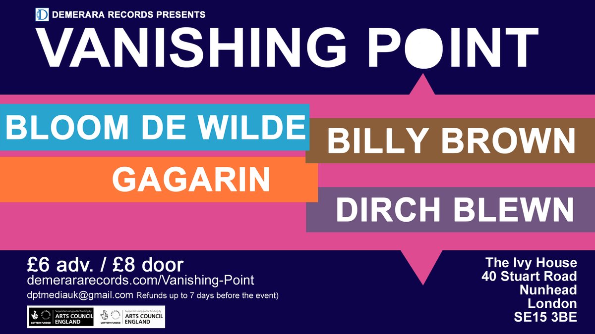 Only hours left now to get your discount tickets for tonight's New Year New Music extravaganza at <a href="/ivyhousenunhead/">The Ivy House</a> ft. 
<a href="/bloomdewilde/">Bloom de Wilde</a> 
<a href="/BillyBrownSongs/">BillyBrown 🎸🎤</a> 
<a href="/Didsgagarin/">Graham Dowdall</a> 
<a href="/DirchBlewn/">David Bloor</a> 
#Alternative #Indie #SingerSongwriter #Electronic #Leftfield #LoveNewMusic
demerararecords.com/vanishing-point