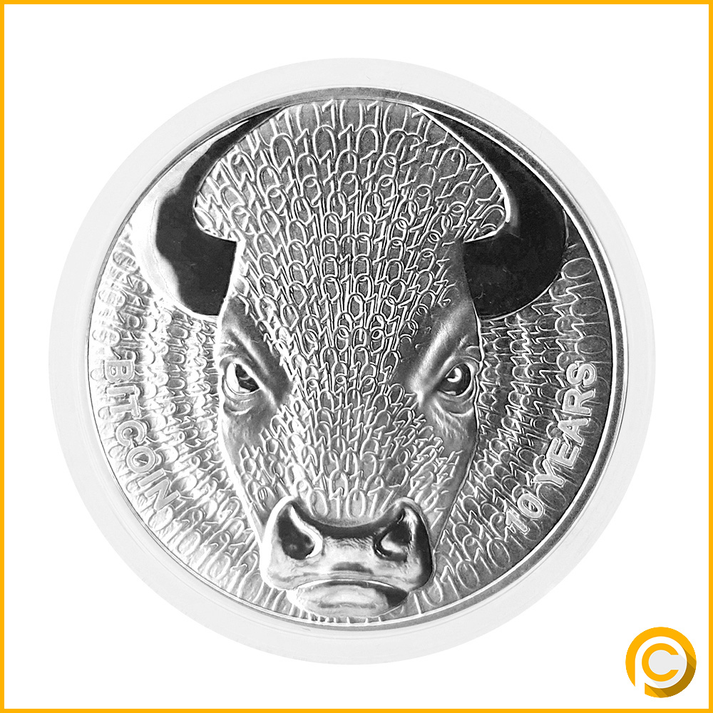 This beautiful 1 Oz Silver coin is the second issue from the “Sol Noctis”  series and celebrates the 10th anniversary of the Bitcoin by featuring the  𝘽𝙞𝙣𝙖𝙧𝙮 𝘽𝙪𝙡𝙡. ⁣ ⚠️ Limited mintage