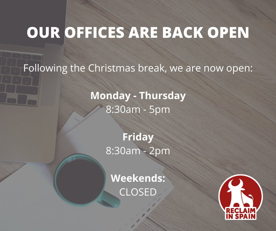 ReclaimInSpain's tweet photo. We are back open following the Christmas break. If you have got any enquiries regarding existing or potential claims, call us on 01903 931 035 https://t.co/vIhirzI0mV
