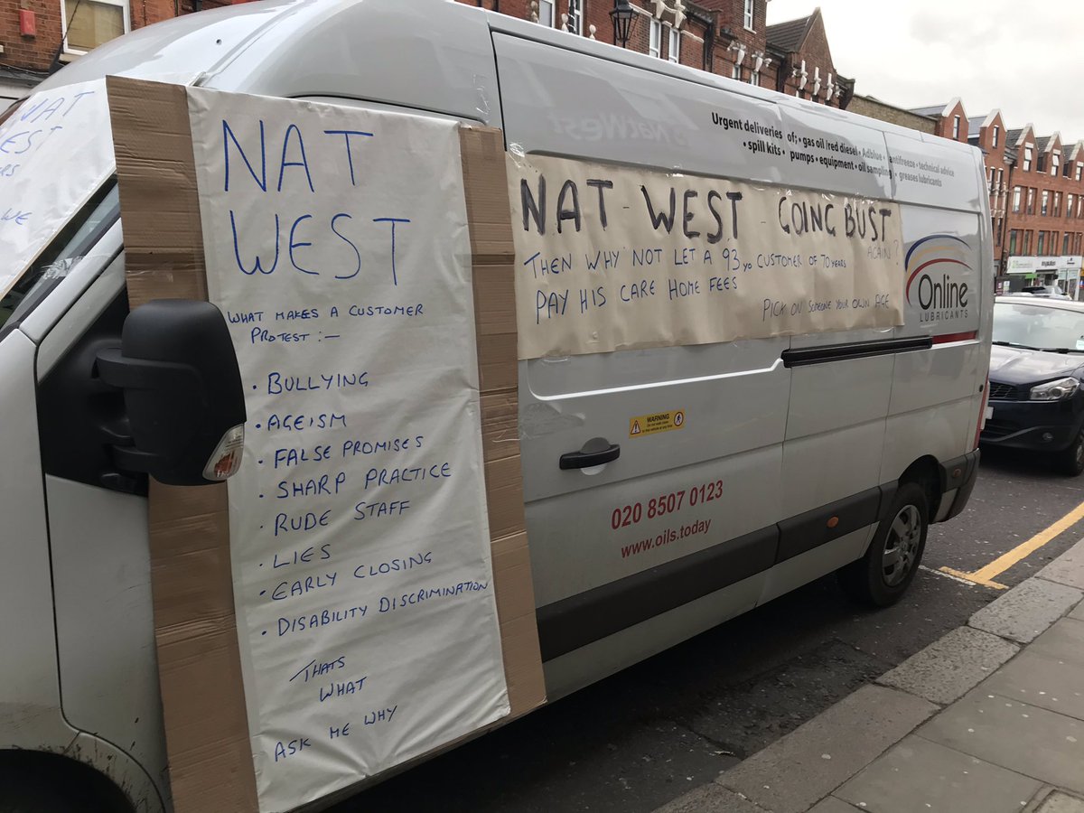 Luke_Farrow's tweet photo. @NatWest_Help you’re a disgrace. Not allowing my disabled 93 year old grandad to withdraw his own money to pay care home fees is outrageous. your customers queuing outside have had plenty of time to see our signs as you’re still not open at 10:18 #NatwestSouthWoodford https://t.co/KXbFV9owYz