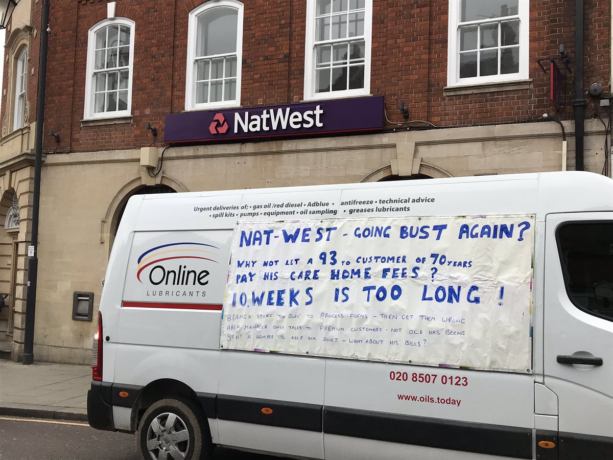 Luke_Farrow's tweet photo. @NatWest_Help you’re a disgrace. Not allowing my disabled 93 year old grandad to withdraw his own money to pay care home fees is outrageous. your customers queuing outside have had plenty of time to see our signs as you’re still not open at 10:18 #NatwestSouthWoodford https://t.co/KXbFV9owYz