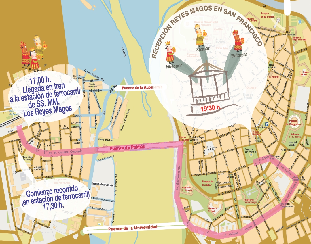 aytodebadajoz's tweet photo. Cabalgata de los Reyes Magos

PUNTOS DE INTERÉS:
Llegada de los Reyes Magos a Renfe 17:00 h.
Salida de la Estación de Renfe a las 17:30 h.
Recepción en el Paseo de San Francisco a las 19:45 h. aproximadamente https://t.co/kMZ217aXim
