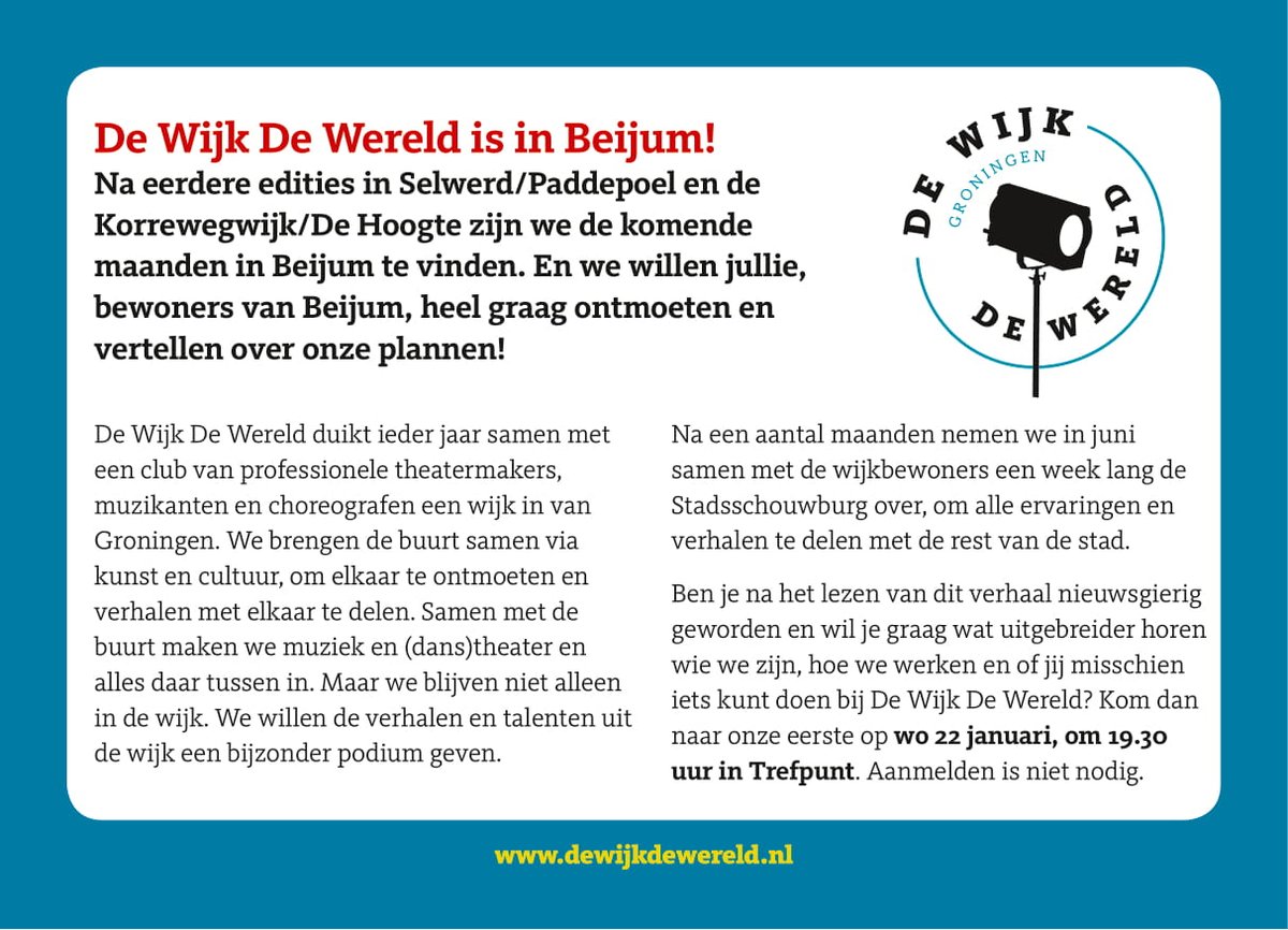 We wensen iedereen een heel mooi, gelukkig en liefdevol 2020!

Wij starten het nieuwe jaar met een eerste bijeenkomst in Beijum! Dus voor iedereen die in Beijum woont en wil horen wat we van plan zijn: kom op wo 22 januari naar <a href="/GrandcafeTP/">Grandcafe Trefpunt</a>. Hopelijk tot dan <a href="/Beijum050/">Beijum</a>