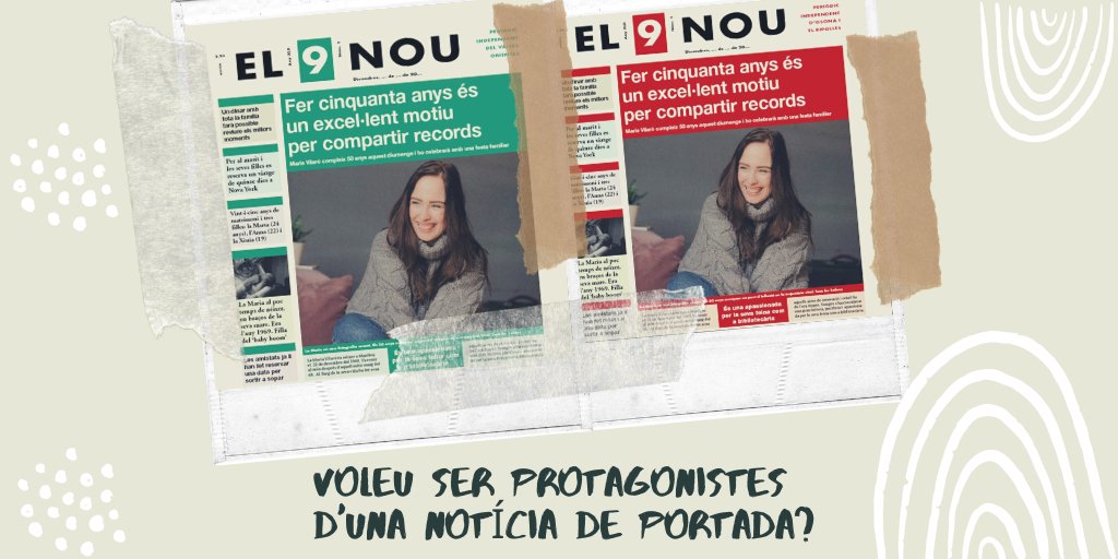 ctlcomunicacio's tweet image. Voleu ser protagonistes d’una notícia de portada?
Si celebreu un aniversari o alguna data rellevant de la vostra trajectòria personal o professional
Podem fer-vos una portada d’EL 9 NOU personalitzada per regalar
Truqueu-nos 📞 93 889 49 49 o envieu 📨 info@ctl.cat
