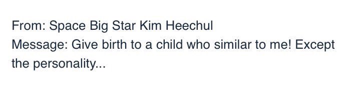 in 2012, one of heechul's fansite masternims got married, heechul personally sent her a wedding wreath to congratulate her on her wedding. the message reads: "from: space big star kim heechul, give birth to a child who is similar to me! except for the personality..."