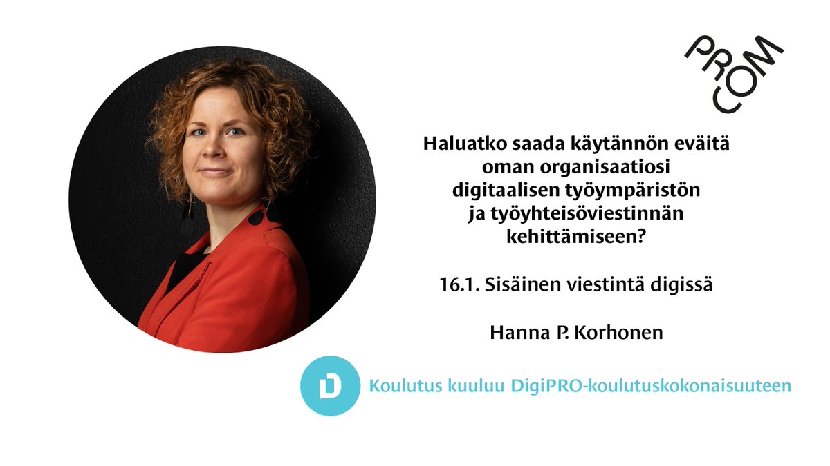 ProCom ry (@procomry) on Twitter photo Haluatko saada käytännön eväitä oman organisaatiosi digitaalisen työympäristön ja työyhteisöviestinnän kehittämiseen?✨
Tule oppimaan 16.1. koulutukseen, jossa aiheena sisäinen viestintä digissä. Kouluttajana <a href="/hannapkorhonen/">Hanna P. Korhonen</a>!
Ilmoittaudu mukaan: tapahtumat.procom.fi.pwire.fi/tapahtumat/sis…
#viestintä Haluatko saada käytännön eväitä oman organisaatiosi digitaalisen työympäristön ja työyhteisöviestinnän kehittämiseen?✨
Tule oppimaan 16.1. koulutukseen, jossa aiheena sisäinen viestintä digissä. Kouluttajana <a href="/hannapkorhonen/">Hanna P. Korhonen</a>!
Ilmoittaudu mukaan: tapahtumat.procom.fi.pwire.fi/tapahtumat/sis…
#viestintä