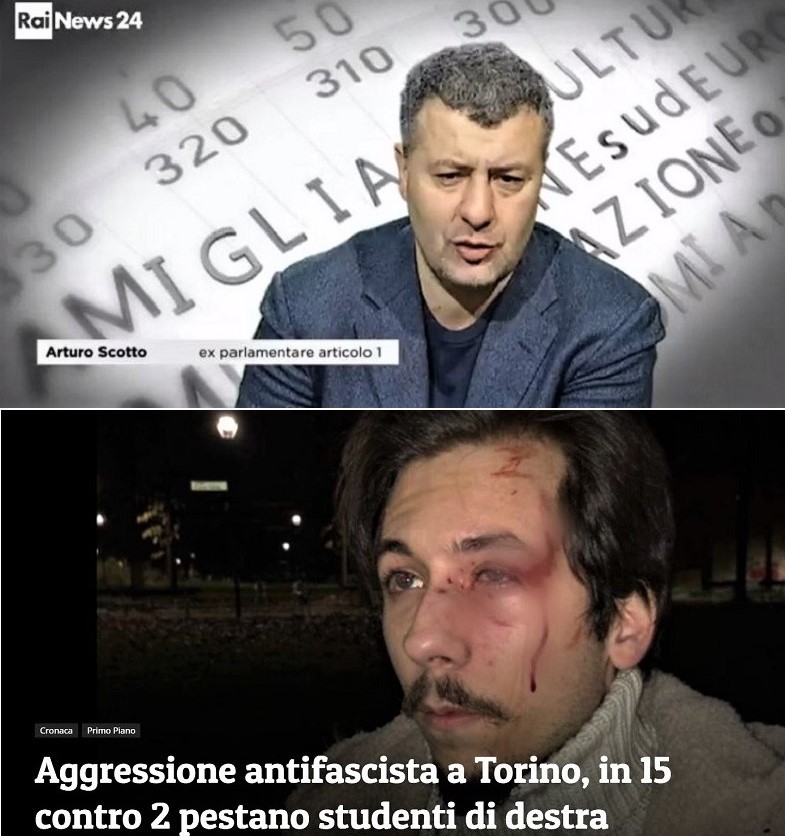 In alto l'immacolato visetto di Arturo Scotto, ex parlamentare LEU che sostiene di essere stato vittima di un'aggressione "fascista", in basso una delle tante REALI vittime della quotidiana e comprovata violenza COMUNISTA. Indovinate chi ha monopolizzato i Media nazionali?