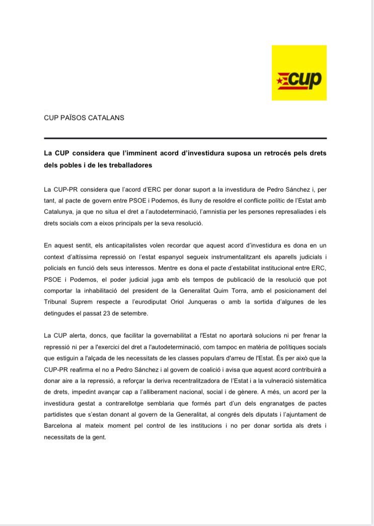 cupnacional's tweet photo. La CUP-PR considera que l’acord @Esquerra_ERC per donar suport a la investidura de Pedro Sánchez i, per tant, al pacte de govern entre PSOE i Podemos, és lluny de resoldre el conflicte polític de l’Estat 

Llegeix el posicionament sencer aquí 👇 https://t.co/zEb1I6b7ii
