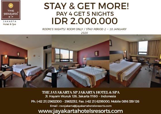 jayakartajkt's tweet photo. Rainy season, where are you going?..
I have an idea, how about a vacation at The Jayakarta SP Jakarta Hotel &amp; Spa?
Here we have an interesting promo for you!!
STAY &amp; GET MORE!.
Pay 4 Get 5, IDR 2.000.000 .
Include : .
- Room Executive Deluxe. - Room Only .
- Period 2 - 10 January https://t.co/DBXEUcvV7Y