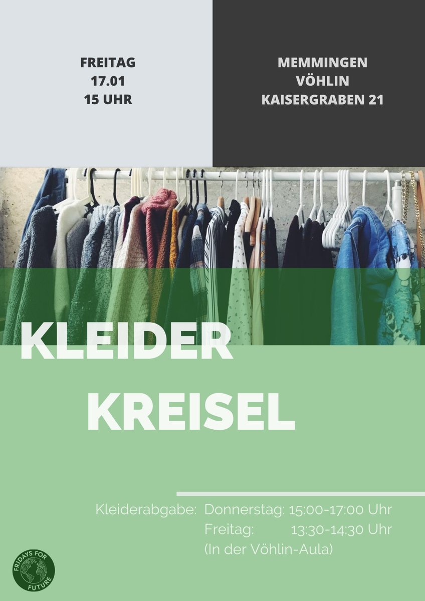 fff_memmingen's tweet photo. Das Prinzip funktioniert so, dass jeder seine alten Klamotten, die nicht mehr getragen werden, abgibt.
Im Gegenzug kann man sich dann soviele Teile wie man findet mitnehmen. Wer keine alten Klamotten hat kann stattdessen einen beliebigen Preis an die Organisation BUND spenden. https://t.co/I5z0OXDNCy