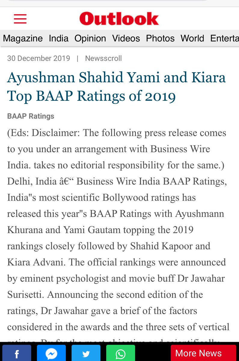 BaapRatings's tweet photo. #BAAPRatings India’s most scientific #bollywood rating system announces 2019 ratings @ayushmannk @shahidkapoor @yamigautam @advani_kiara occupy the top slots . #shahrukh disappoints this year. #akshay #bhumi do well with #vickykaushal #kartikaryan https://t.co/xo5kchwVjo