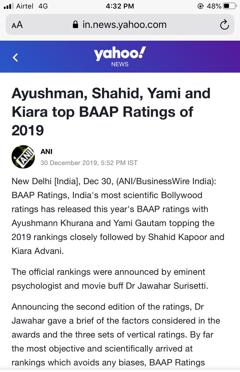 BaapRatings's tweet photo. #BAAPRatings India’s most scientific #bollywood rating system announces 2019 ratings @ayushmannk @shahidkapoor @yamigautam @advani_kiara occupy the top slots . #shahrukh disappoints this year. #akshay #bhumi do well with #vickykaushal #kartikaryan https://t.co/xo5kchwVjo