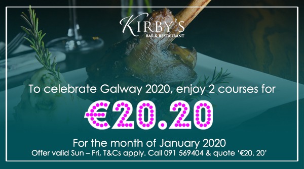 buskerbrownes's tweet photo. 😍2 courses for €20.20! 😍

Celebrate Galway 2020 with 2 courses in Kirby's Restaurant for €20.20 this January 🥰

✨ 2 courses in Kirby's Restaurant for €20.20 Sunday - Friday
✨ Live Music &amp; Late Bar in Busker Brownes... EVERY NIGHT!

☎️ Call 091 569404 &amp; quote '2020' https://t.co/qe0Iw0bzrx