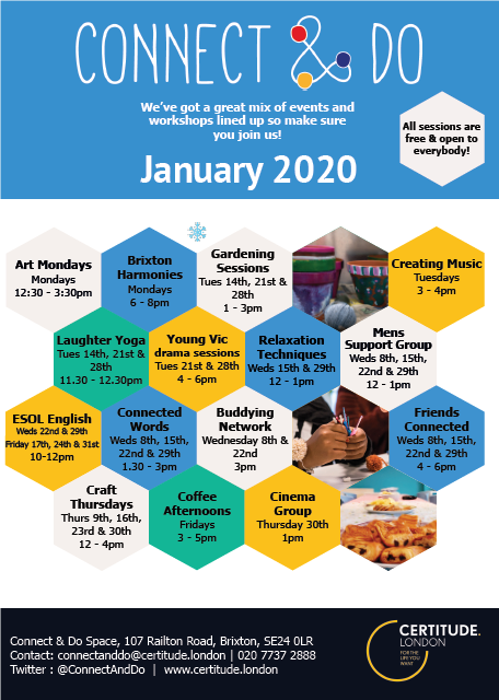 CreativeJour's tweet photo. Let's welcome the new decade with a fresh @ConnectAndDo programme this #January2020 - A Happy New Year to you all🍀🍄🎉 @Certitude @SLaMRecovery @XiishodHealth https://t.co/MBcalzLwhU