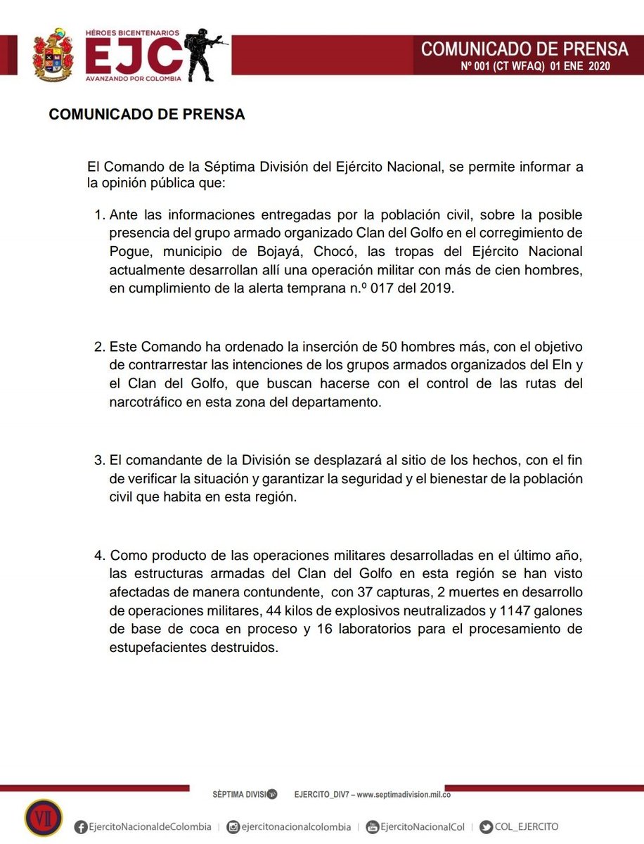 mindefensa's tweet image. Con respecto a la situación presentada en el departamento del #Chocó, el @COL_EJERCITO realiza una operación militar en la región con más de 100 hombres orgánicos de @Ejercito_Div7.
CC @infopresidencia @FuerzasMilCol