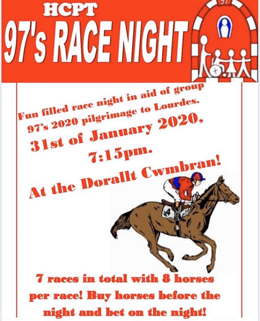 Come along to the first Race Night of 2020 for Group 97 on the 31st January at the Dorallt, Cwmbran. You can sponsor a horse before the night (£5 per horse) and each bet is £1 on the night. We look forward to seeing you on the 31st January! #HCPT #Group97 #BackingNewport