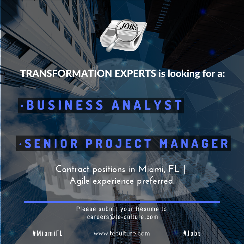 Agile_TE's tweet image. * SR. PROJECT MANAGER

* BUSINESS ANALYSTS

Contract positions in Miami, FL | Agile experience preferred.

Please submit your Resume to careers@te-culture.com

teculture.com

#transformationexperts  #Agile #seniorprojectmanager