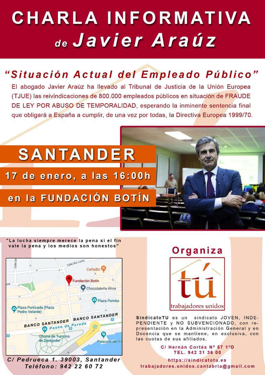 Santander ,17 de Enero, 16 horas , Javier Arauz , Conferencia.