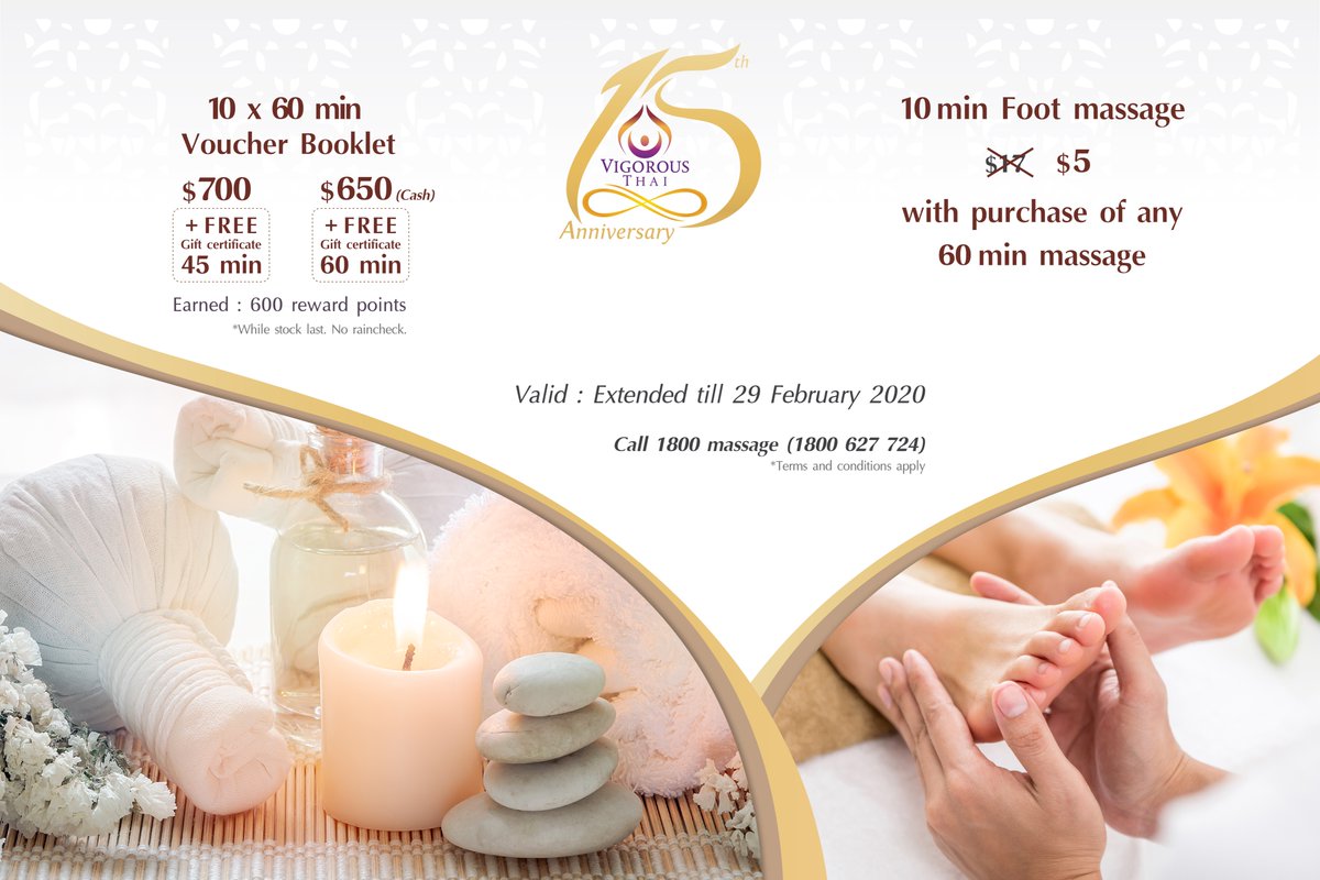 “Superb New Year PROMO”

Promo A📣
“10x60min Voucher booklet”
- pay by Card $700 + FREE 45min Gift voucher
- pay by Cash $650 + FREE 60min Gift voucher

Promo B📣
“10min Foot massage for only $5”
*with a purchase of any 60min massage

Offers extended till 29 Feb 2020. T&amp;Cs apply.