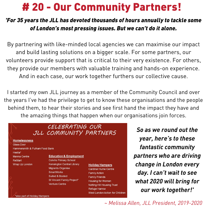 JrLeagueLondon's tweet photo. #35CheersFor35YearsOfJLL 🎉🤗🇬🇧 Cheer 20: Our Community Partners! We are stronger together. Here's to a brilliant 2020! 
#Happy35thJLL #thisJLLCan #JLLcatalysts4change #London #community #voluntarism #Civicleadership #joinjrleaguelondon #buildingbettercommunities https://t.co/PtMKxKpgiY