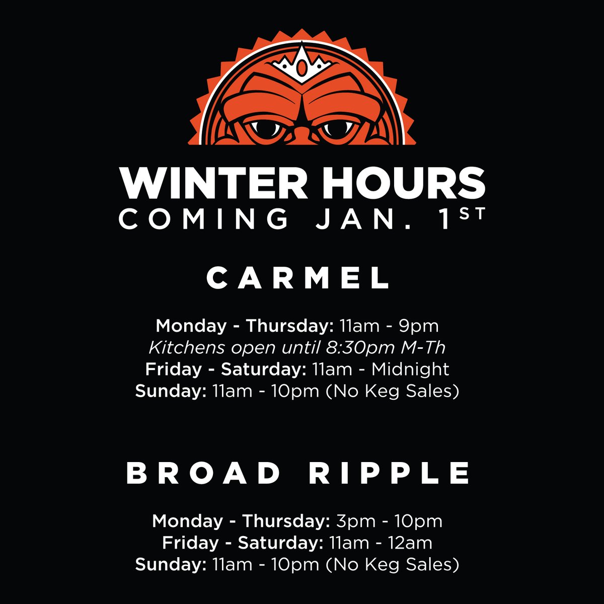 SunKingBrewing's tweet photo. We hope y'all are ready for the new year!
🚨 🚨 We've updated our Winter Hours at our Sun King Broad Ripple & Sun King Spirits Carmel locations. 🚨 🚨
#winterhours #sunkingbrewery #sunkingspirits #broadripple #bripple https://t.co/X5Go8OVwJn