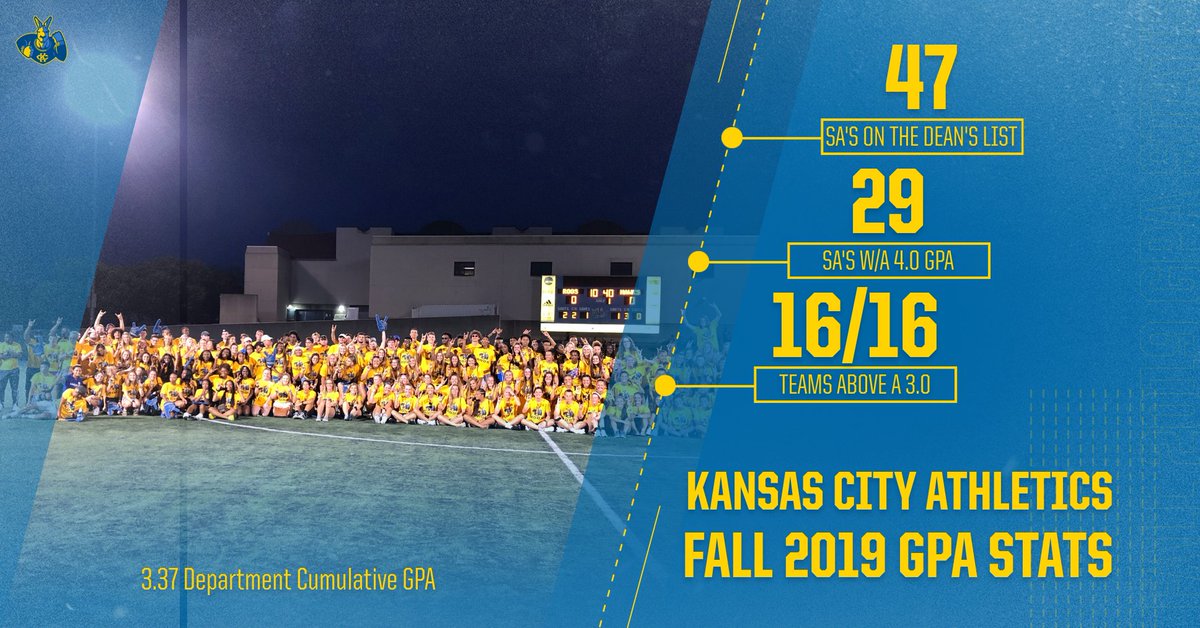 Kansas City SASSO (@kcroossasso) on Twitter photo As we gear up for the spring semester, let's take a moment to celebrate the great academic success of our
<a href="/KCRoosAthletics/">Kansas City Athletics</a> student-athletes from fall 2019. Setting records all over the place! #RooUp #studentsfirst #academicsuccess #DeclareKC As we gear up for the spring semester, let's take a moment to celebrate the great academic success of our
<a href="/KCRoosAthletics/">Kansas City Athletics</a> student-athletes from fall 2019. Setting records all over the place! #RooUp #studentsfirst #academicsuccess #DeclareKC