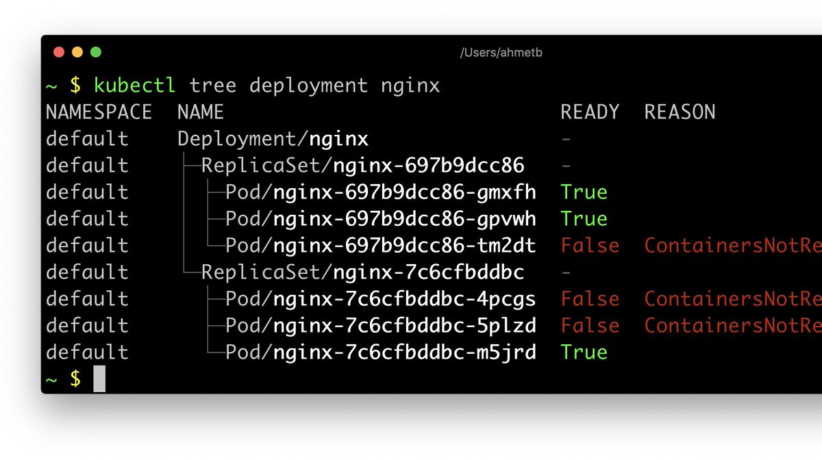 ahmetb's tweet image. I&apos;m announcing a new fun kubectl subcommand:
    🌲 kubectl tree

It lets you explore Kubernetes object ownerships in a visual tree view.

Get it today: github.com/ahmetb/kubectl…