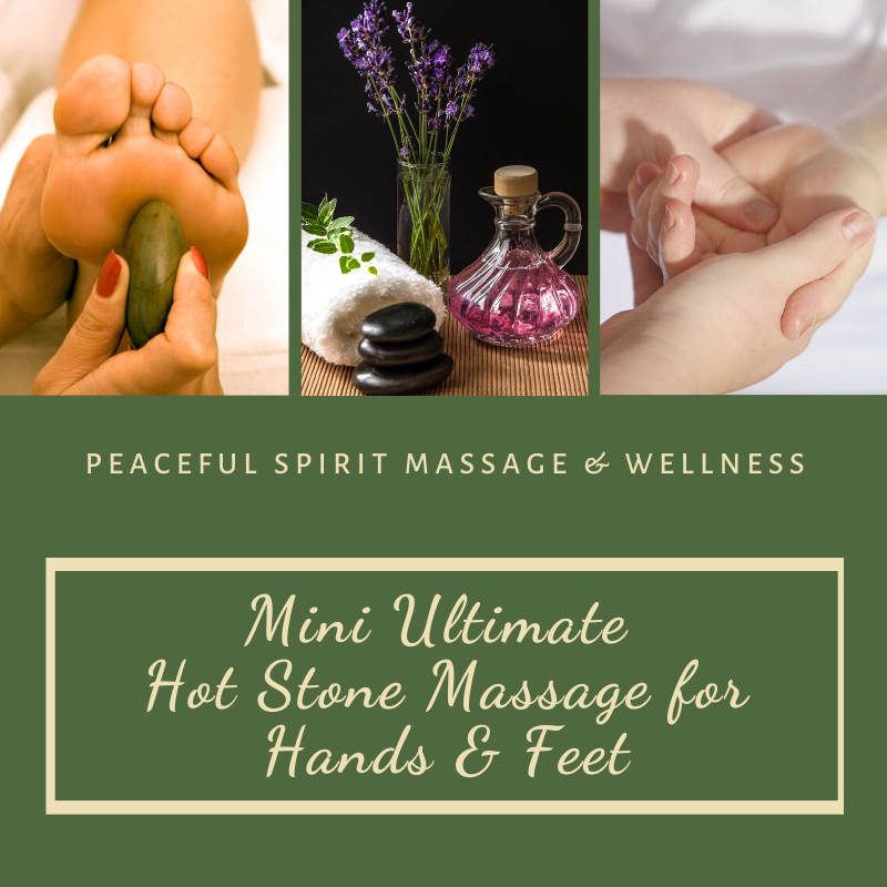 Experience the pleasure of a hot stone hand and foot massage. Our 30-minute Mini Ultimate treatment is the perfect way to start off the New Year. 

#ExperientialWellness #PeacefulSpiritMassage #PeacefulSpirit