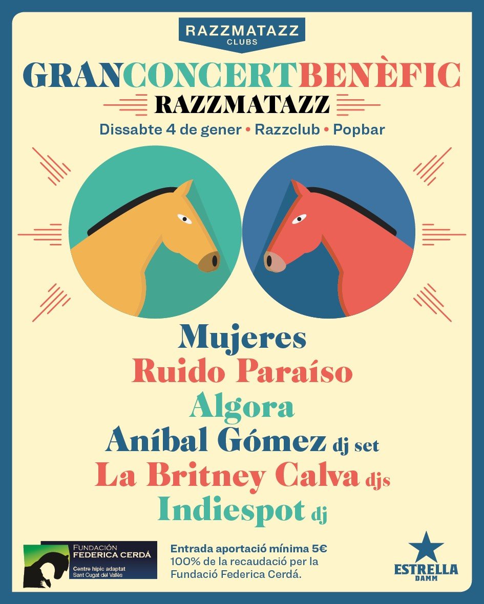 Amiguis de Barcelona, <a href="/RuidoParaiso/">Ruido Paraíso</a> va pa' Barcelona este sábado al Gran Concert Benèfic del <a href="/RazzmatazzClubs/">RazzmatazzClubs</a>, junto a <a href="/victoralgora/">victor centurion algora</a> entre otros artistas que actuarán en el Pop Bar. El 100% de la recaudación va para la <a href="/Fundacionfc/">Fund.Federica Cerdá</a> ☀️⭐️🥰salarazzmatazz.com/04-01-2020/alg…