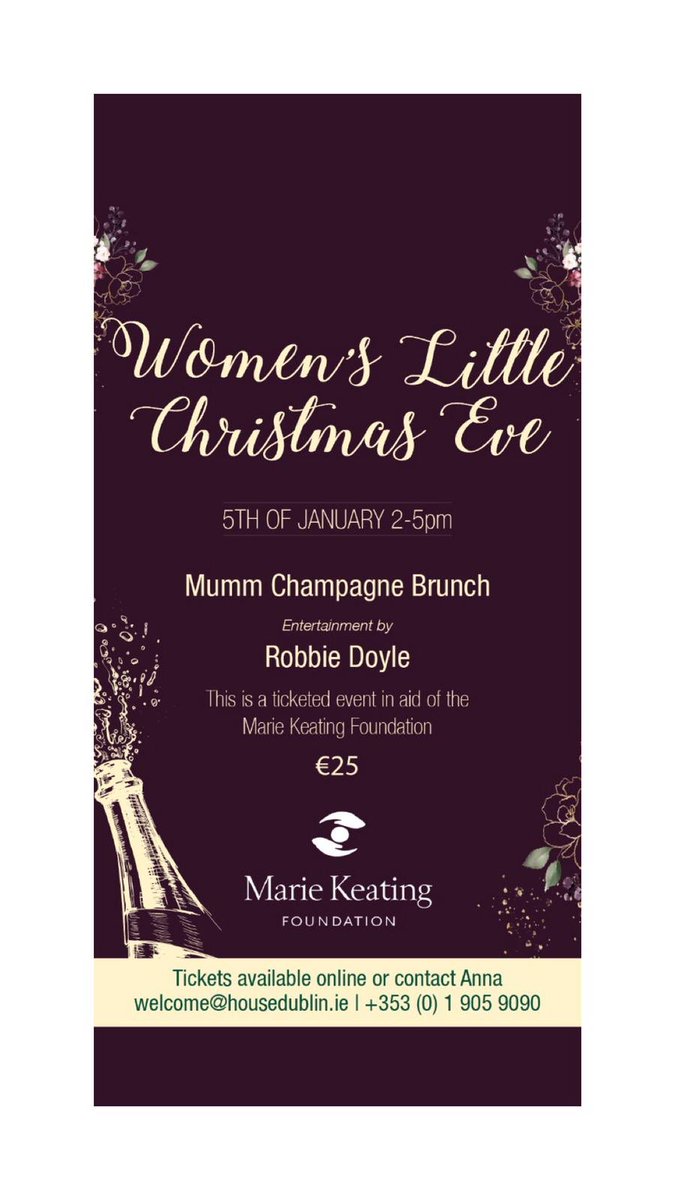Treat the ladies in your life this Sunday  a ticket charity event in aid of <a href="/MarieKeating/">Marie Keating Foundation</a> Foundation. Tickets here eventbrite.ie/o/house-dublin…