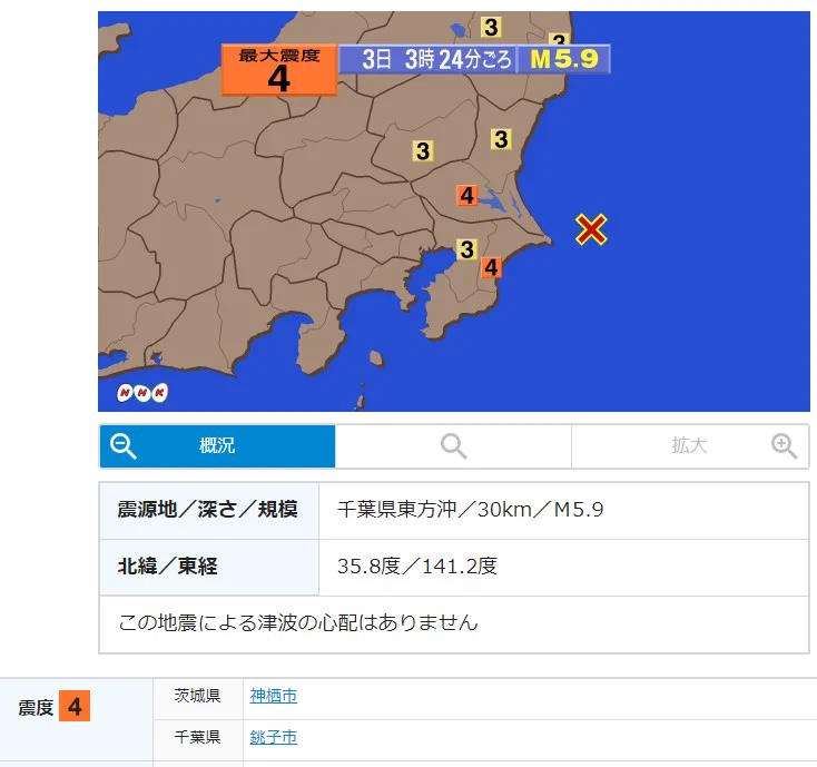 本日午前3時24分ごろ・地震観測【茨城・千葉で震度４ 津波の心配なし】