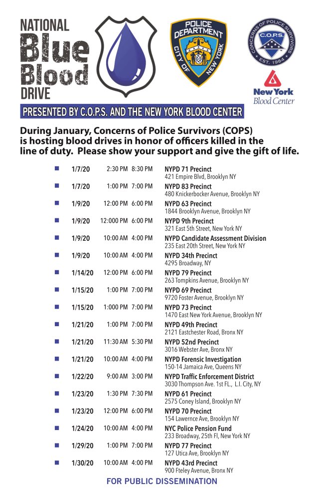 NYPDChiefPatrol's tweet photo. During the month of January, members of the community and #NYPD are encouraged to take part in the National #BlueBloodDrive. 

Find a local drive location near you to help save a life ⬇️ https://t.co/fIyu8juCZ2